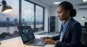 Experte en cybersécurité de ZADO CONSULTING analysant un réseau à Bangui, RCA, avec un hologramme de bouclier de protection et vue sur l'Oubangui au crépuscule.