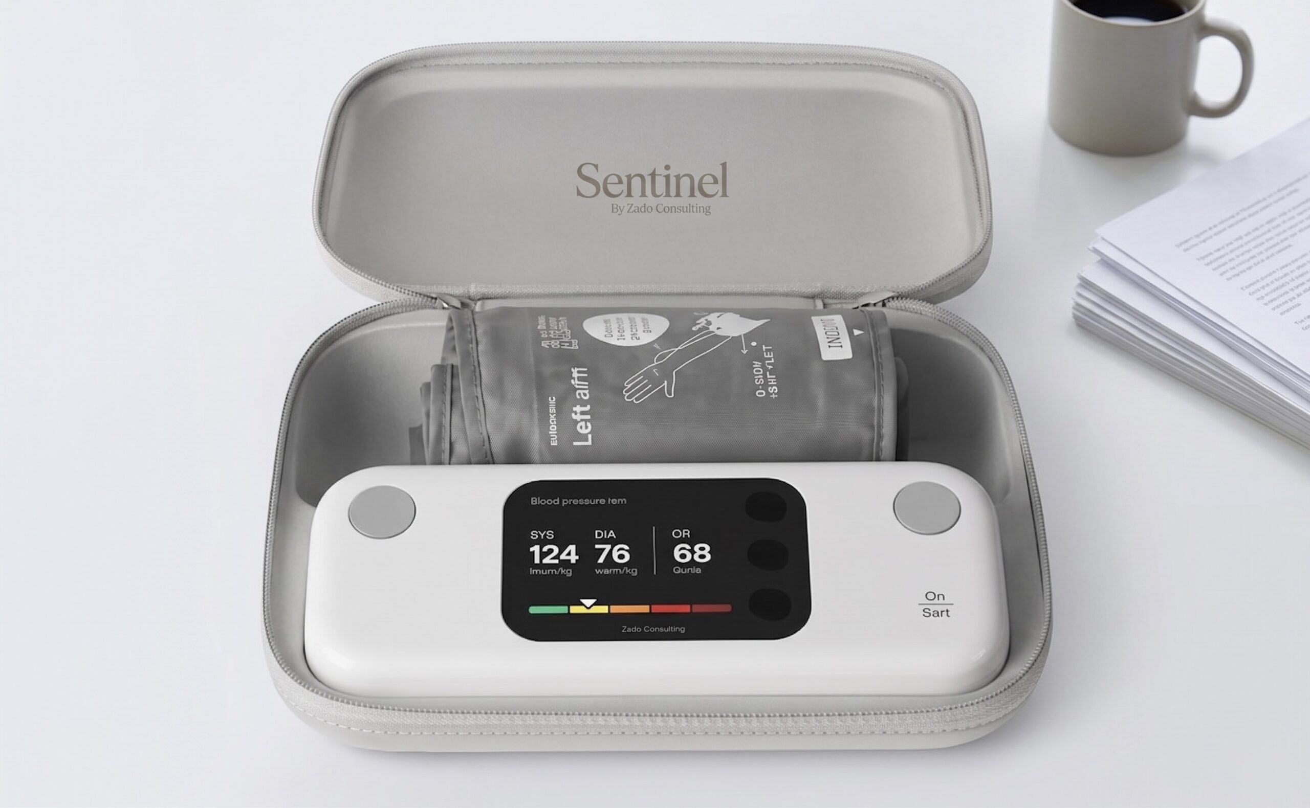 Pochette de transport ouverte du BPM Vision par ZADO CONSULTING, contenant le tensiomètre Withings de précision et son brassard. Matériel médical fiable pour entreprises à Bangui.